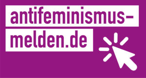 Logo der Meldestelle Antifeminismus. Antifeminismus-melden.de vor Lila Hintergrund.